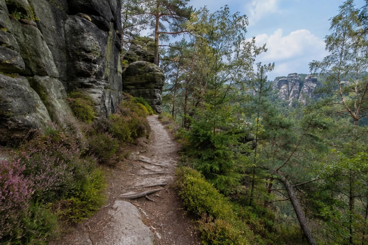 Nationalparkpfade: markierter Pfad zwischen Wald und Sandstein