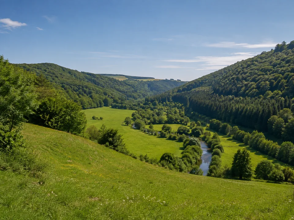 Murrtalhänge: Breites grünes Tal mit kleinem Fluss und bewaldeten runden Hängen nahe Murrhardt