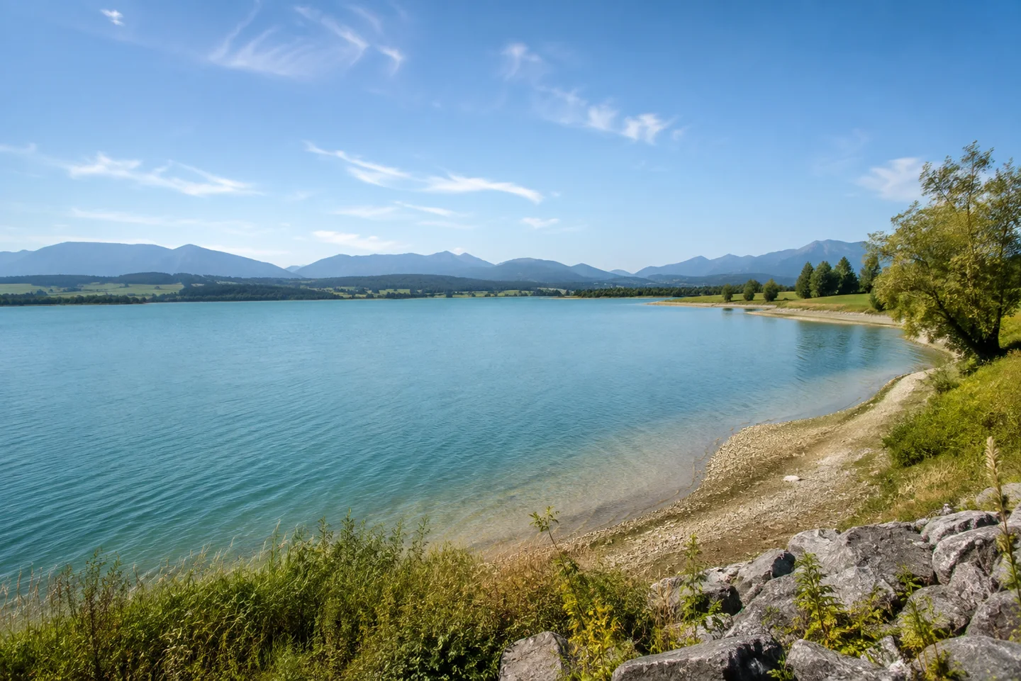 Forggensee bei Waltenhofen: breiter türkisgrüner Stausee, flaches Ufer und entfernte Berge