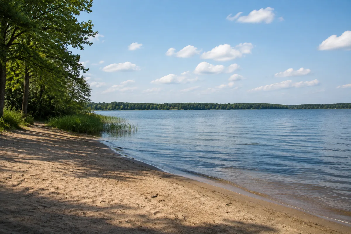 Schwerin: Schwerin, Startgebiet Schwerin Zippendorf: Schweriner See bei Zippendorf mit sandigem Stadtstrand und flachem bewaldetem Gegenufer