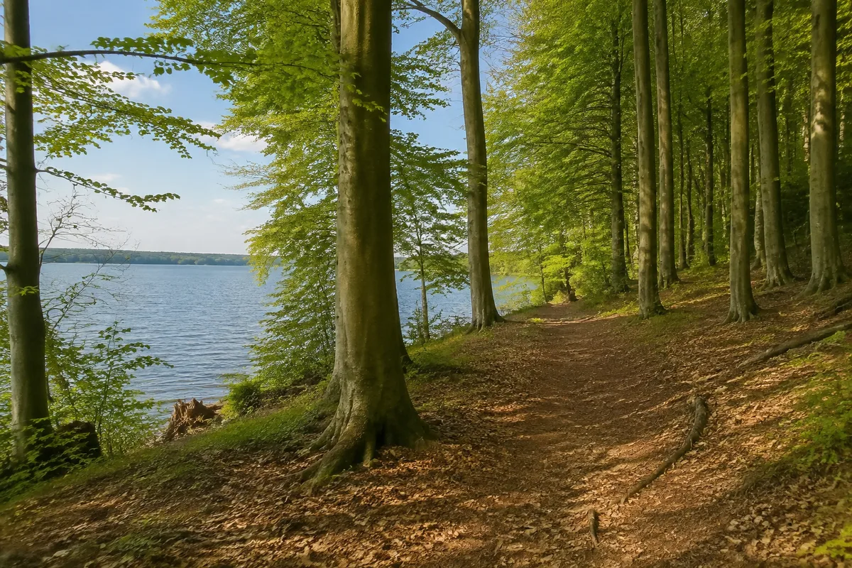 Buchenwald am westlichen Schweriner See bei Wiligrad mit See zwischen den Stämmen