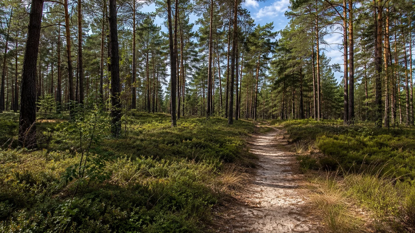 Sebalder Reichswald: Sandwald bei Buchenbühl: Flacher Kiefern-Mischwald bei Buchenbühl im Sebalder Reichswald mit sandigem Wanderpfad und Heidelbeersträuchern.