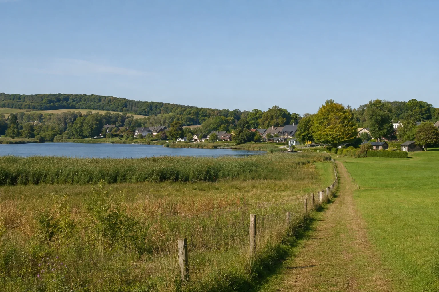 Altensien am See: schilfgesäumter kleiner See hinter Wiesen und einem landseitigen Pfad mit niedrigen Dorfhäusern