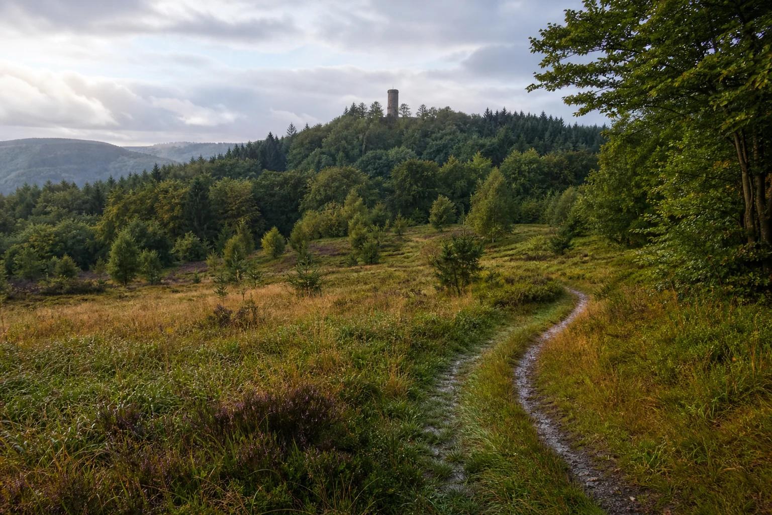 Wanderpfad über die Ginsberger Heide in Siegerland-Wittgenstein mit bewaldeten Rothaarhöhen und Ginsburg