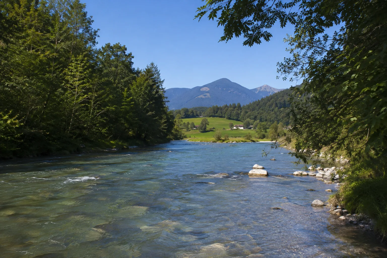 Eisenärzt: klares Flusswasser der Weißen Traun zwischen bewaldeten Hängen und Talwiesen