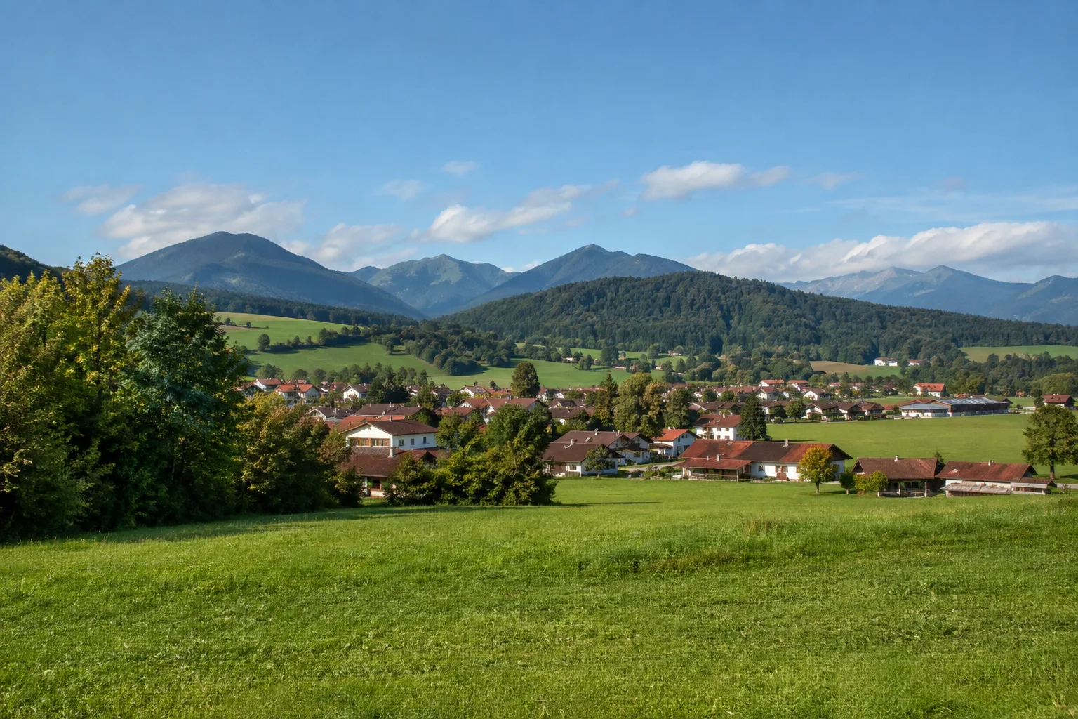 Siegsdorf: Siegsdorf: grünes Trauntal mit Wiesen, Dorfrand und bewaldeten Chiemgauer Vorbergen