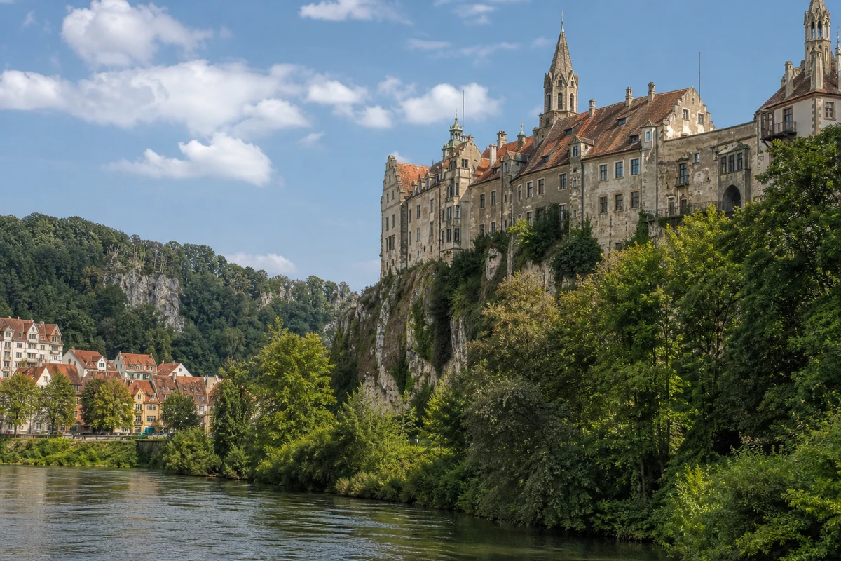 Sigmaringen: Sigmaringen: Schloss auf hellem Fels über der Donau und historischer Stadt