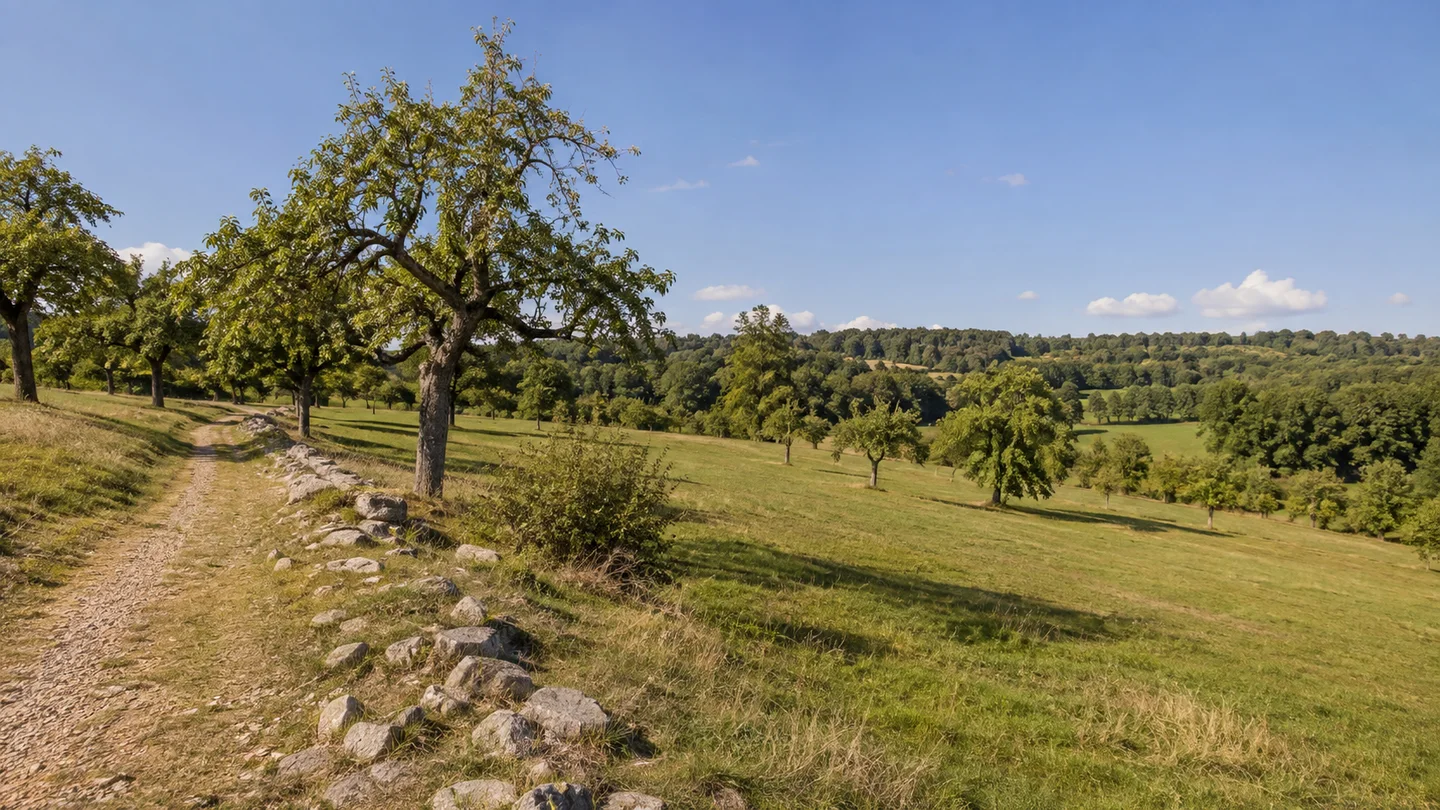 Sindelfingen: Darmsheim – Eichelbergweg am Sportgelände: Darmsheimer Obstwiesen: Alte Obstbäume auf sanft hügeligen Wiesen mit hellen Kalksteinen am Wegrand und kleinen Laubwaldinseln