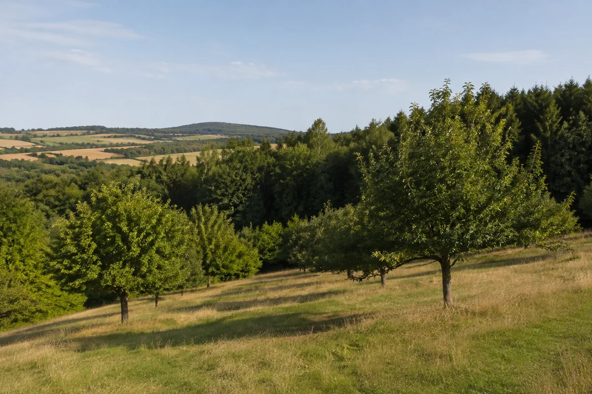 Streuobstwiesen an einem sonnigen sanften Hang bei Großweingarten mit alten Obstbäumen und Waldrand, keine Alpen.