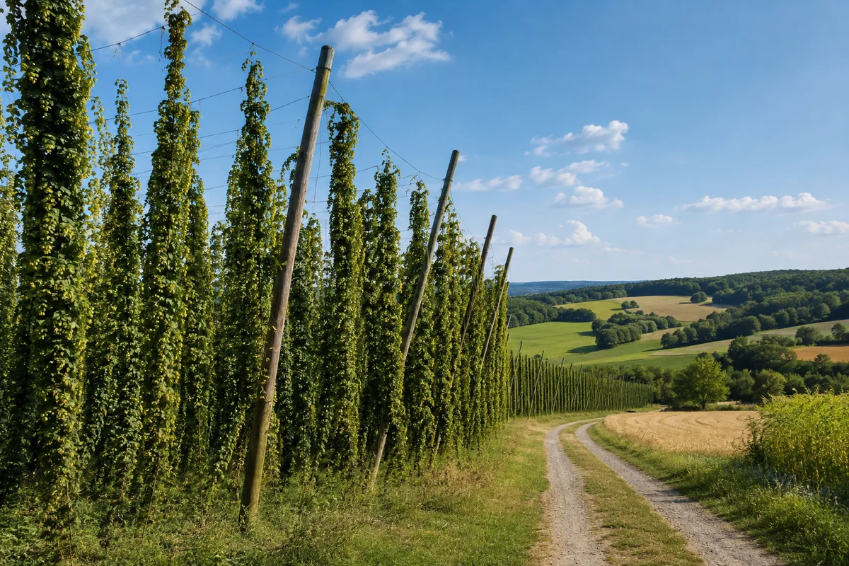 Spalt: Hohe Hopfenanlagen bei Spalt, sanfte grüne Hügel und Sandsteinmischwald, schmaler Wirtschaftsweg zwischen den Feldern.