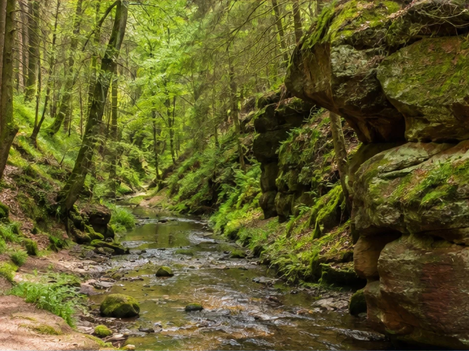 Bachtal: schmaler Bach zwischen moosigen Waldhängen
