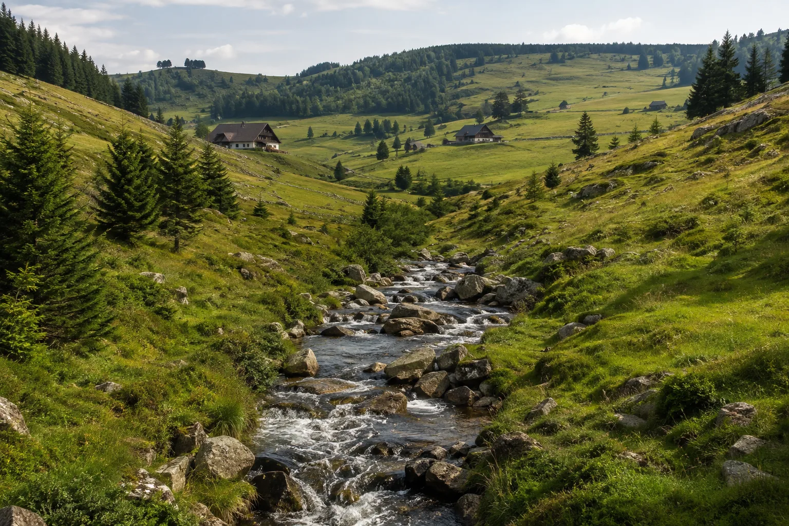 Menzenschwand: breites Hochtal mit Wiesen, Höfen und felsigem Wasserfallbach