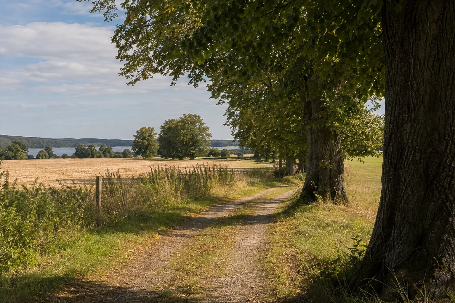Dollgower Landschaft: sanft gewellter Dorfwiesenweg zwischen alten Linden und märkischen Feldern