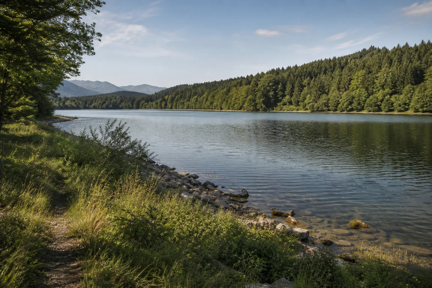 Urspring: ruhiger Lechstausee mit bewaldeten Ufern und weichem Voralpenlicht
