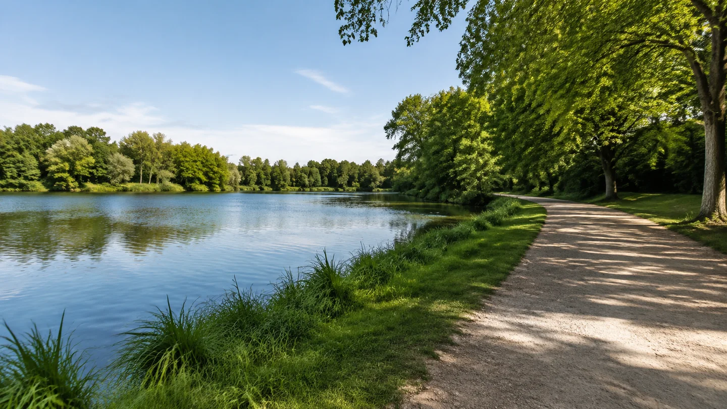 Stendal: Stendaler Stadtsee: Ruhiger kleiner Stadtsee mit grünem Ufer, Laubbäumen und breitem Spazierweg