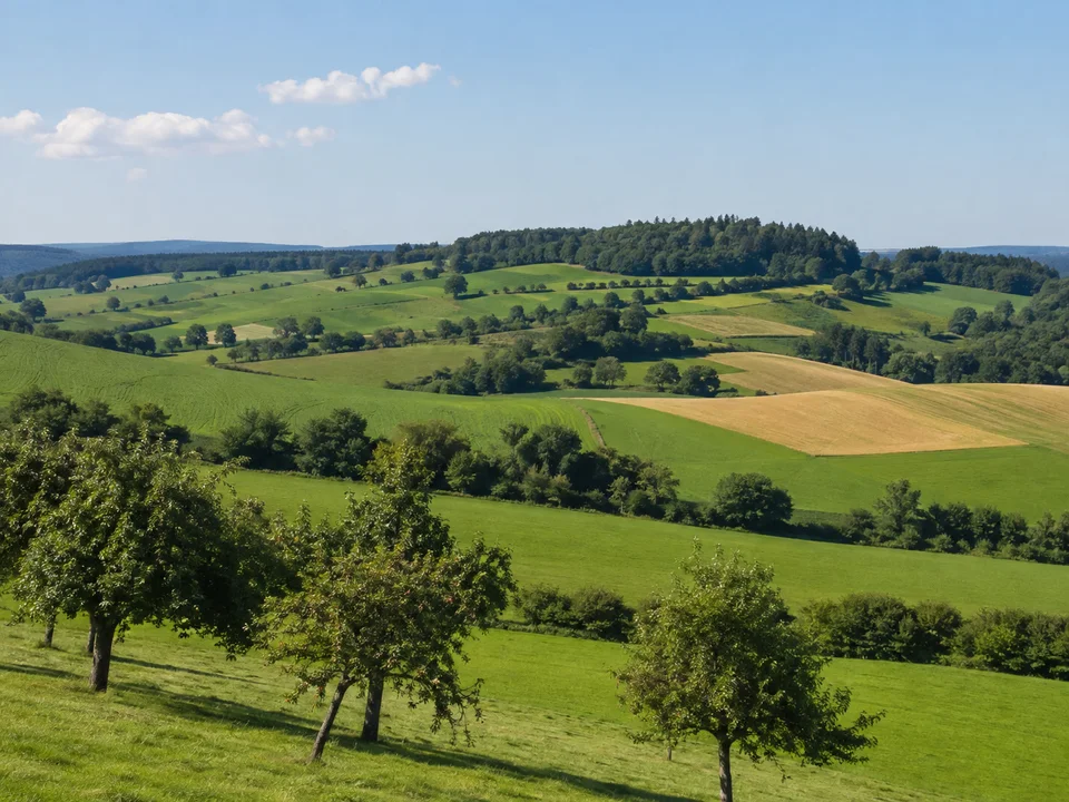 Südliche Stockacher Hügel: Sanft wellige Obstwiesen und Felder mit Hecken, niedrige Laubwaldkuppen ohne See im Vordergrund