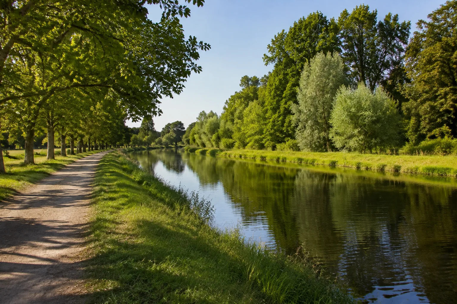 Storkow (Mark): Storkow: Burg und Kanal: ruhiger Kanal mit Laubgehölzen, Grasbänken und ebenem Uferweg