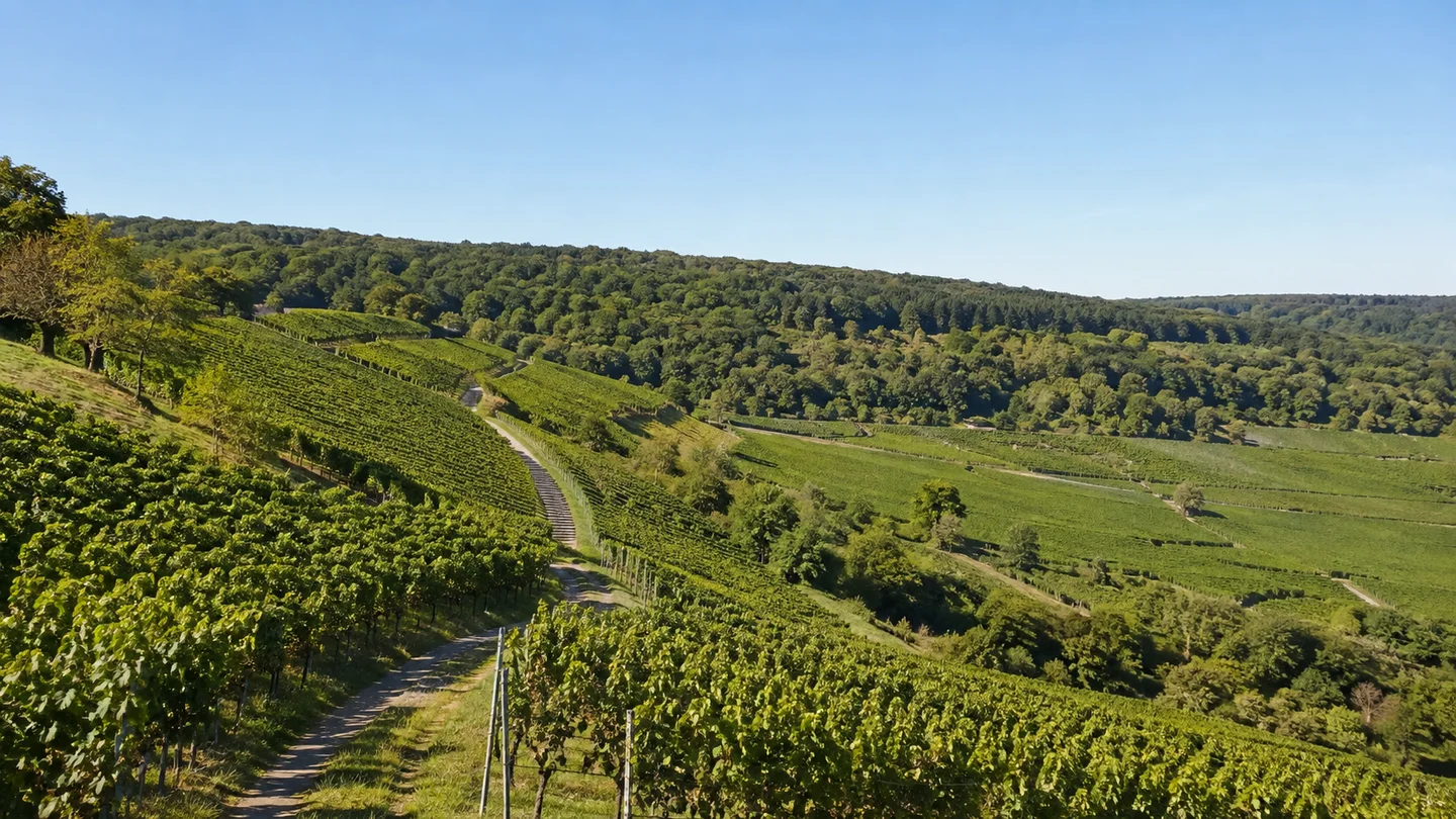Stuttgart: Solitude – öffentlicher Vorplatz: Uhlbacher Weinberge: Grüne steile Rebhänge mit schmalen Wirtschaftswegen oberhalb des Uhlbacher Talkessels, bewaldete niedrige Höhen dahinter ohne erfundene Gebäude