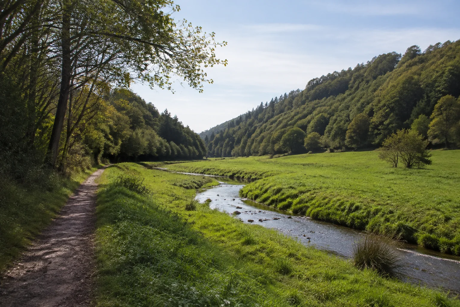 Gaytal bei Körperich: kleiner Bach in breitem grünem Wiesental zwischen niedrigen bewaldeten Hängen.