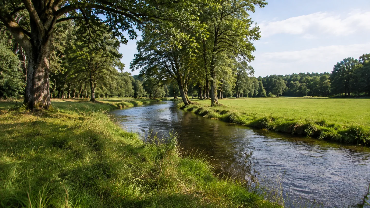 Südheide: Örtzetal bei Hermannsburg: schmaler mäandernder Heidefluss zwischen grünen Wiesen und alten Uferbäumen