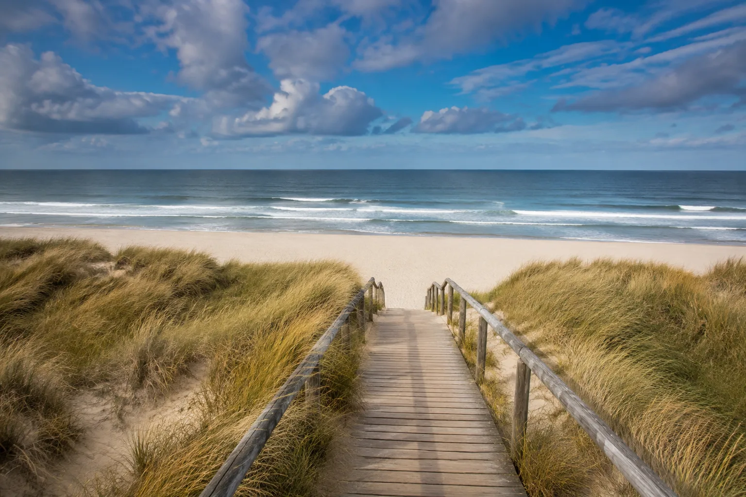 Sylt: Sylt: markierter Holzbohlenweg durch Dünen mit weitem Nordseehimmel