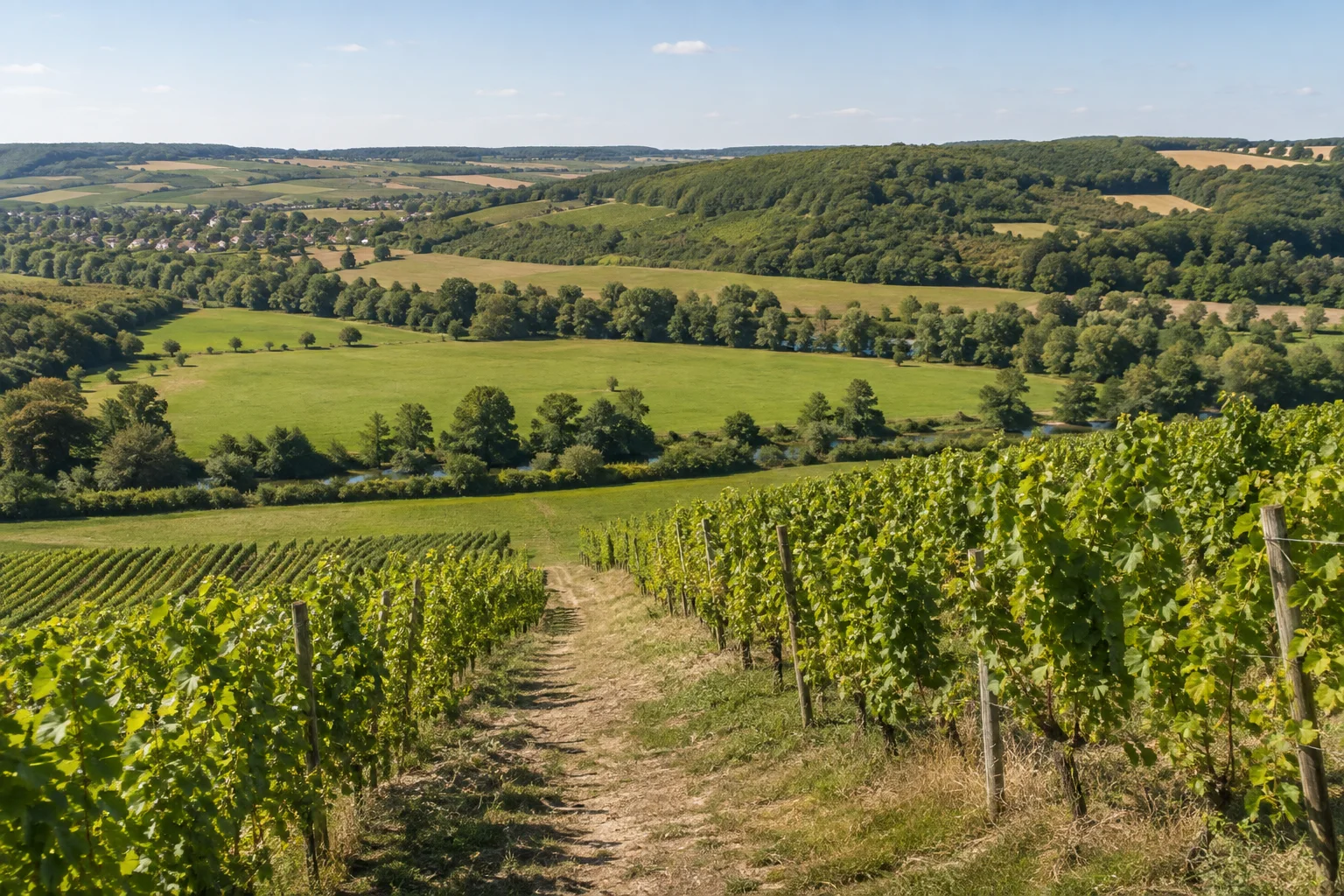 Dittigheimer Weinberge: sonniger Weg zwischen Rebreihen mit Blick über ein breites grünes Flusstal und flache Hügel.