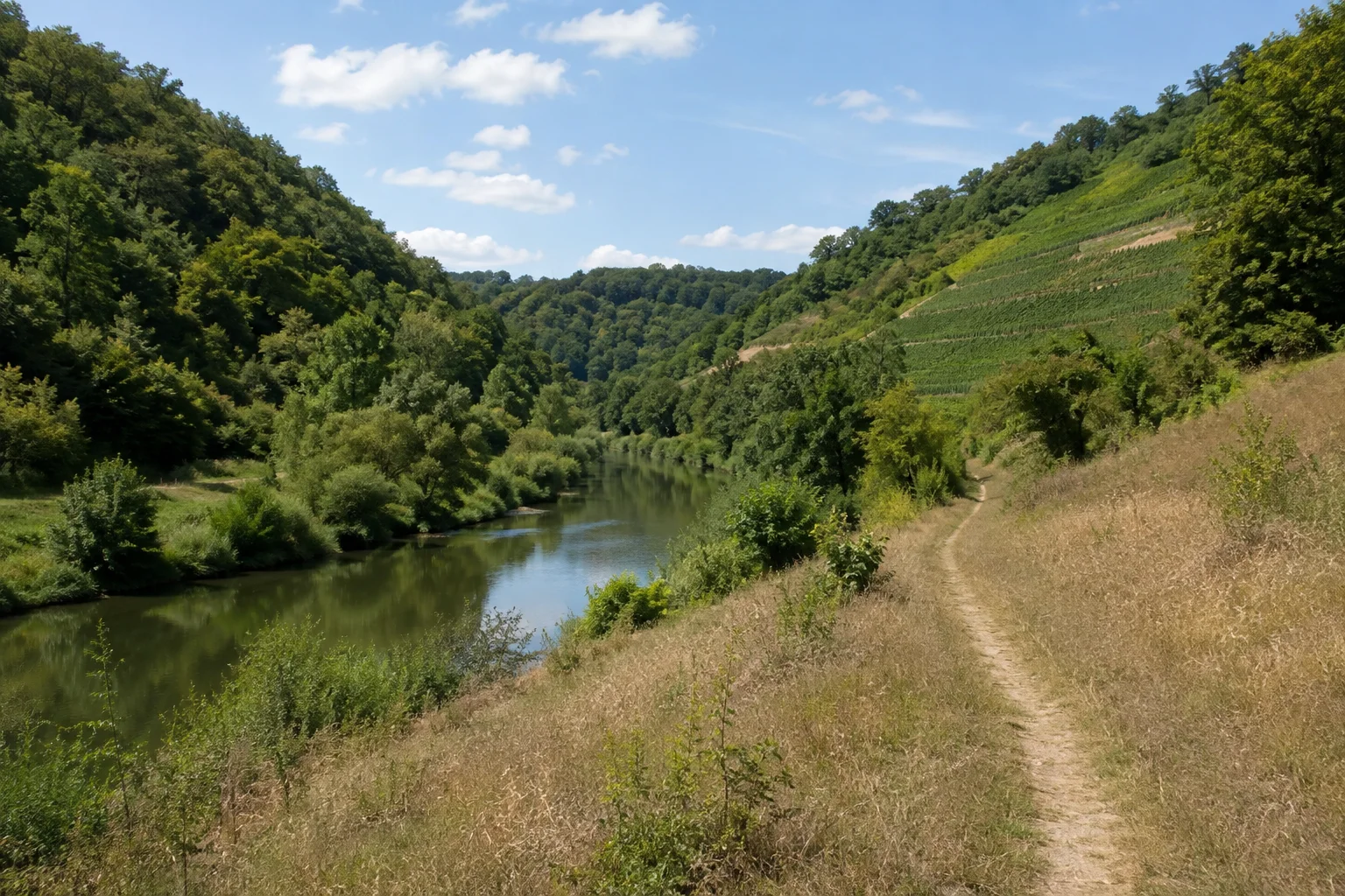 Unteres Taubertal: schmaler Fluss zwischen bewaldeten Hügeln und einzelnen Rebhängen, Weg am trockenen Wiesenrand.