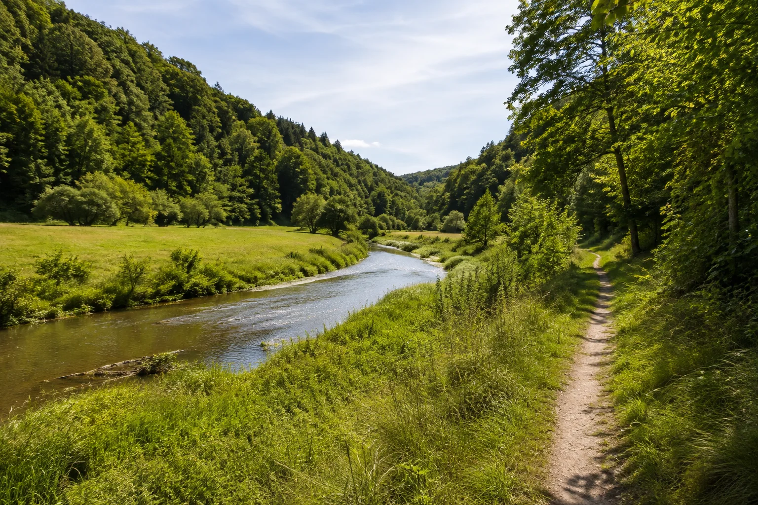 Taubertal: Rothenburg – Würzburger Tor: Oberes Taubertal nördlich Rothenburg: kleiner geschwungener Fluss mit Wiesen, Laubwaldhängen und einem normalen Talweg.