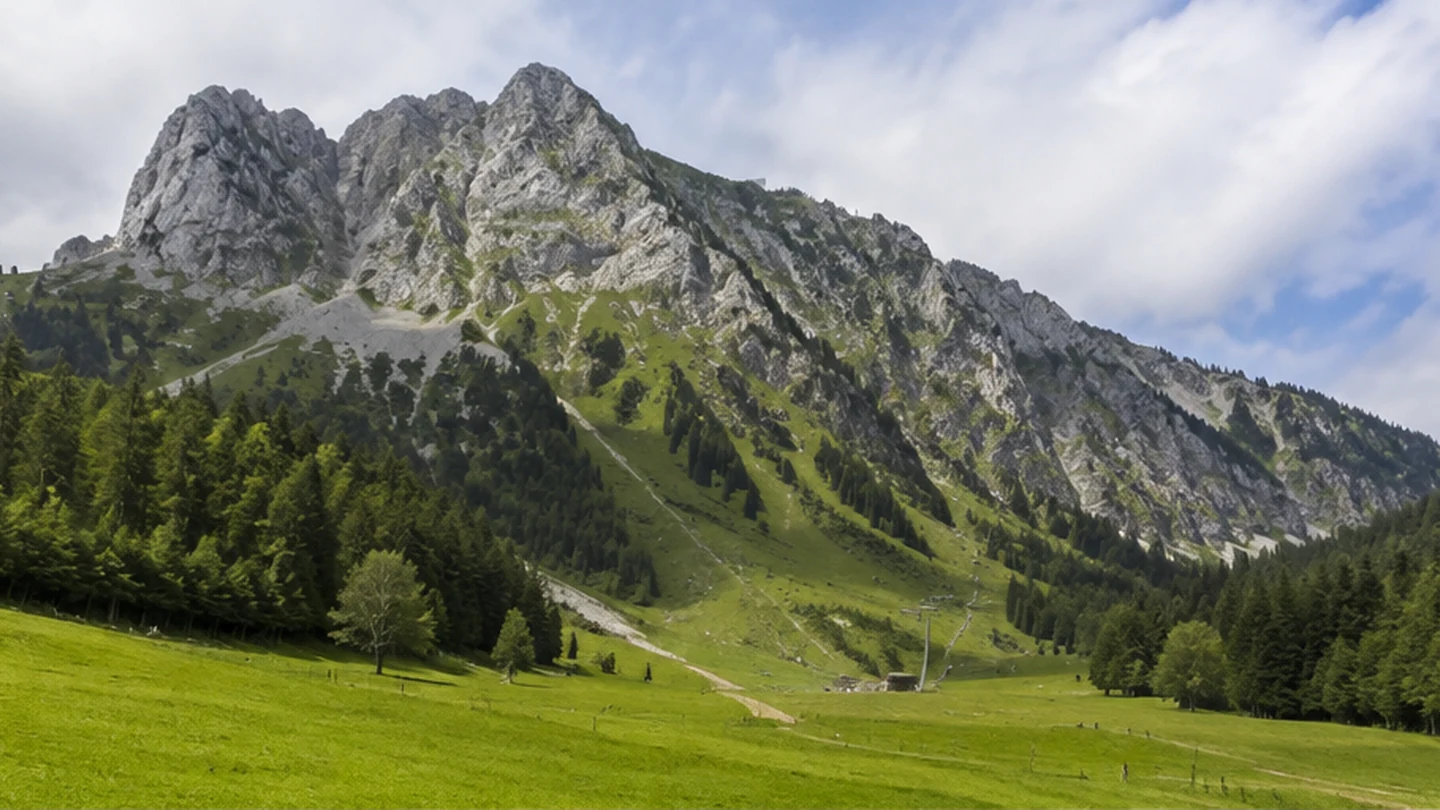 Tegelberg: Tegelbergbahn Talstation: Tegelberg: felsiger Ammergauer Berg über grünen Talwiesen