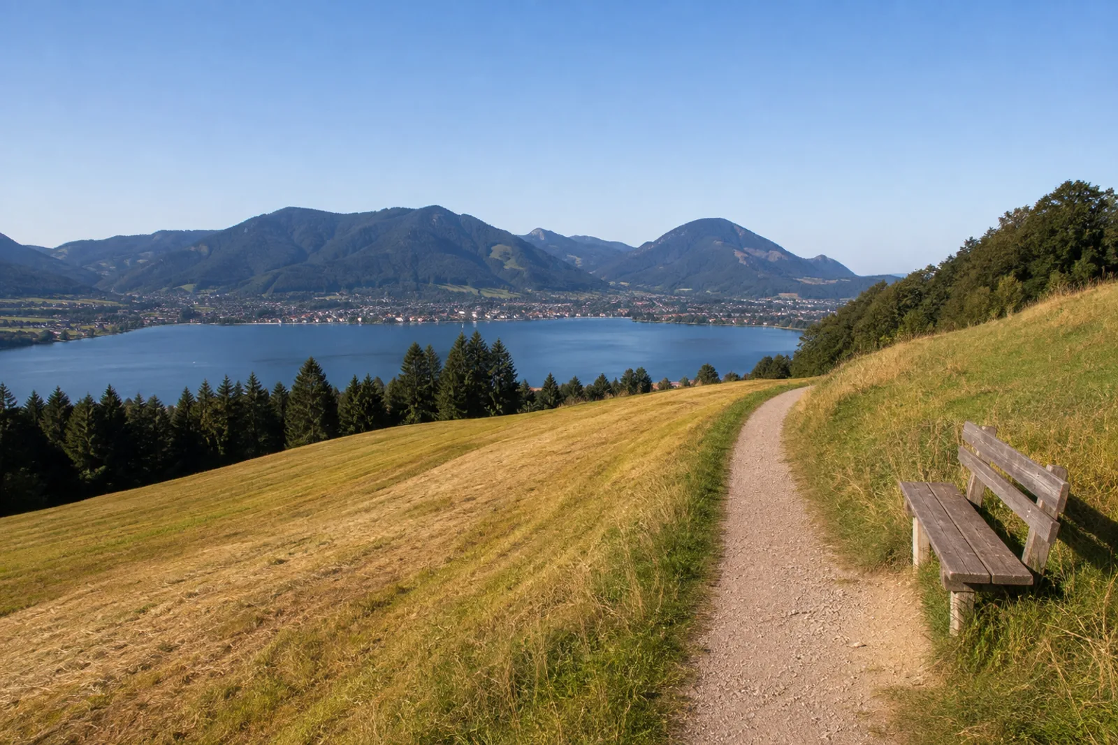 Tegernseer Höhenweg: Wiesen- und Waldweg über dem See mit sanfter Aussicht