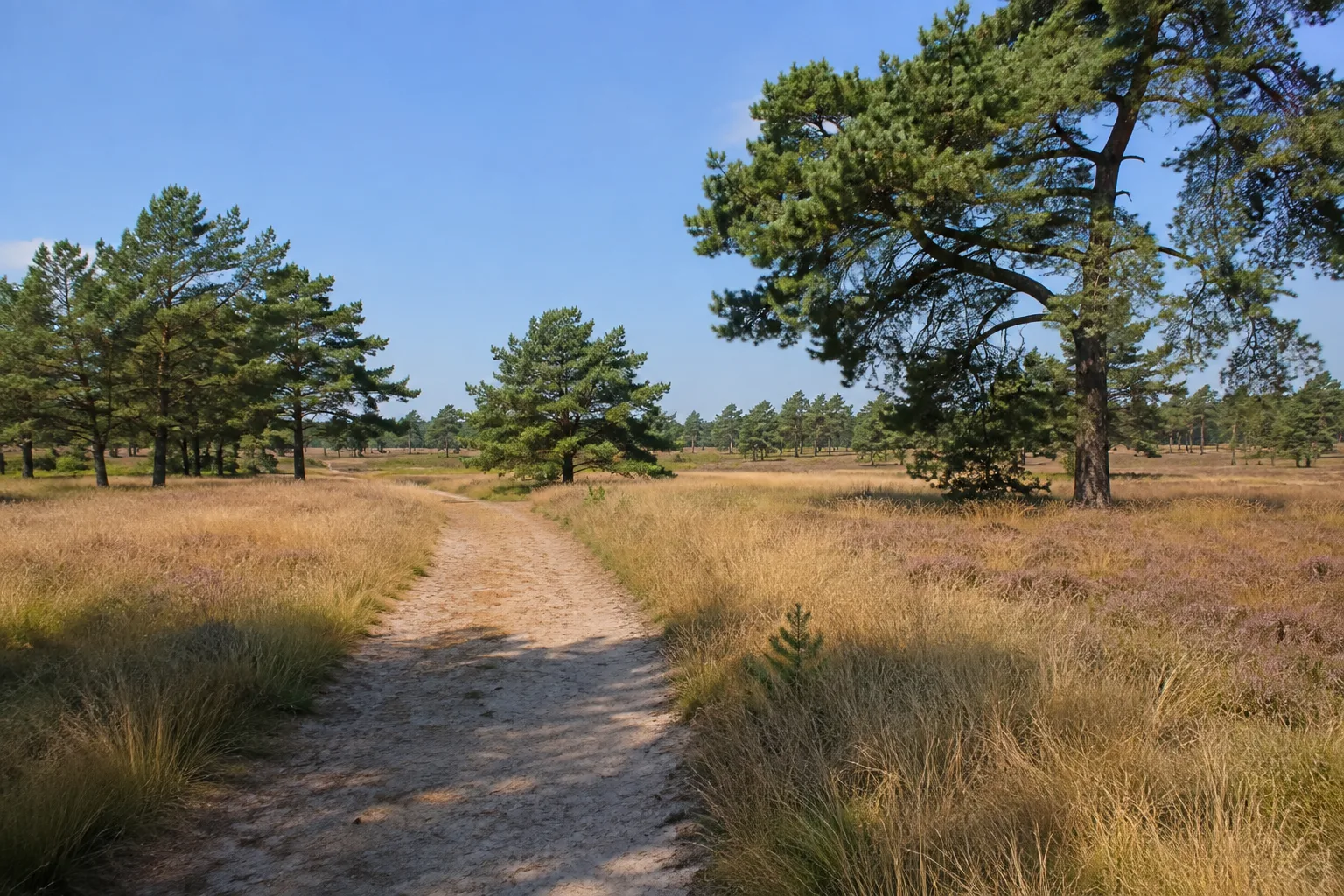 Annenwalder Heide: offene Heide mit verstreuten Kiefern an einem ebenen Wanderweg