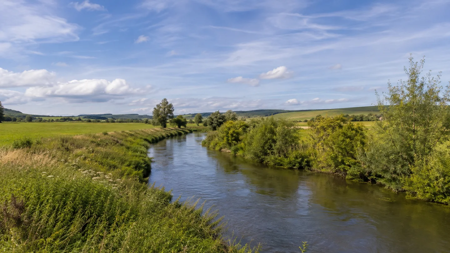 Thüringer Becken: Sömmerda Stadtpark: Unstrut im Thüringer Becken: Ruhiger Fluss zwischen breiten grünen Wiesen und niedrigem Ackerland unter weitem Himmel