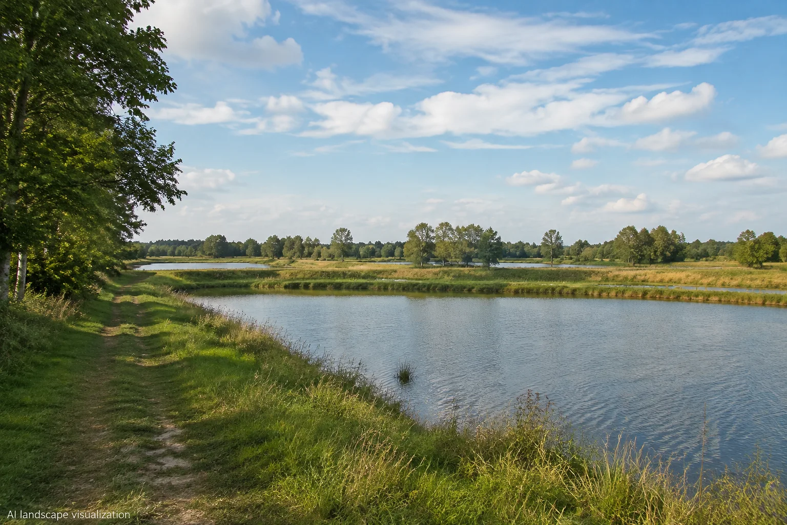 Tirschenreuth: Tirschenreuther Teichpfanne: mehrere niedrige Fischteiche zwischen Uferwiesen und kleinen Waldstreifen, flachwelliger Horizont.