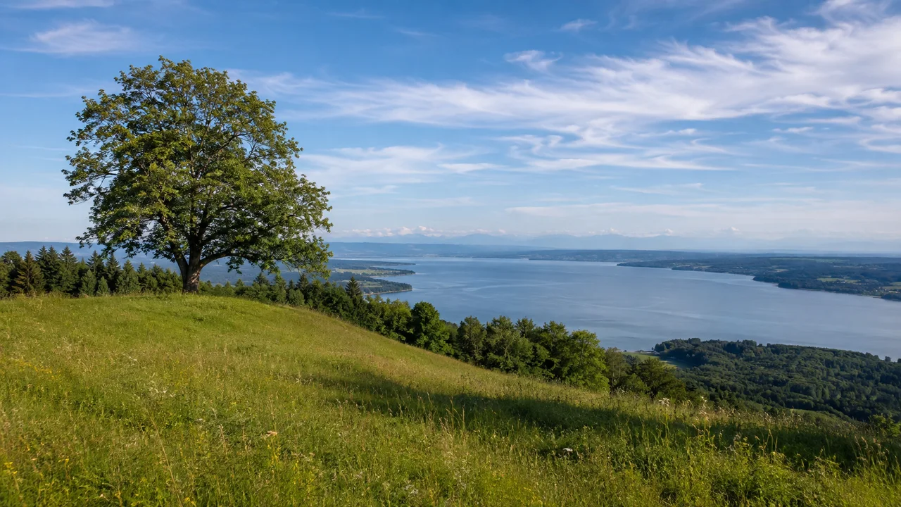 Tutzing: Tutzing Bahnhof: Ilkahöhe bei Tutzing: sanfter Wiesenrücken mit altem Einzelbaum, langer Starnberger See tief darunter, Alpen nur klein und fern