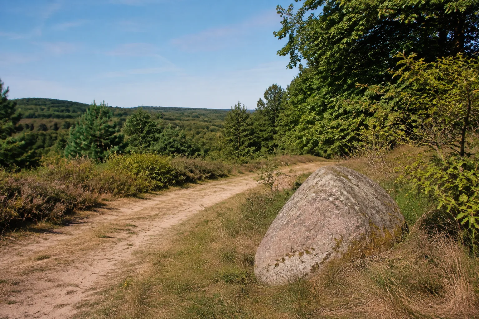 Südliche Uckermark: Feldstein am Rand eines sandigen Weges durch niedrige bewaldete Hügel