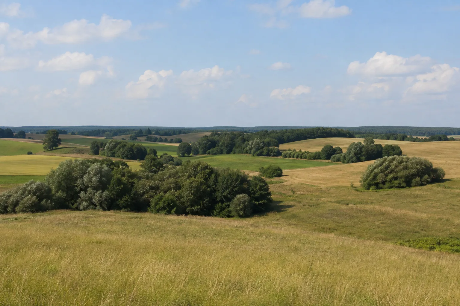 Uckermark: Lychen / Seenwesten: Uckermärkische Moränenlandschaft: sanft gewellte Felder mit kleinen eiszeitlichen Söllen und Gehölzinseln