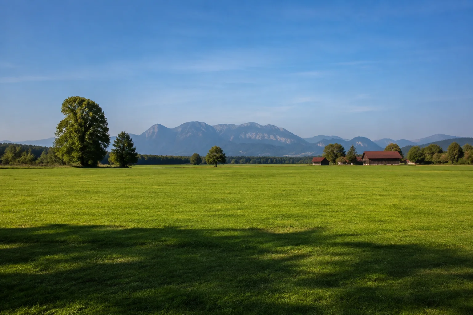 Übersee: Übersee: weite flache Wiesen zwischen Chiemsee und fernen Chiemgauer Bergen