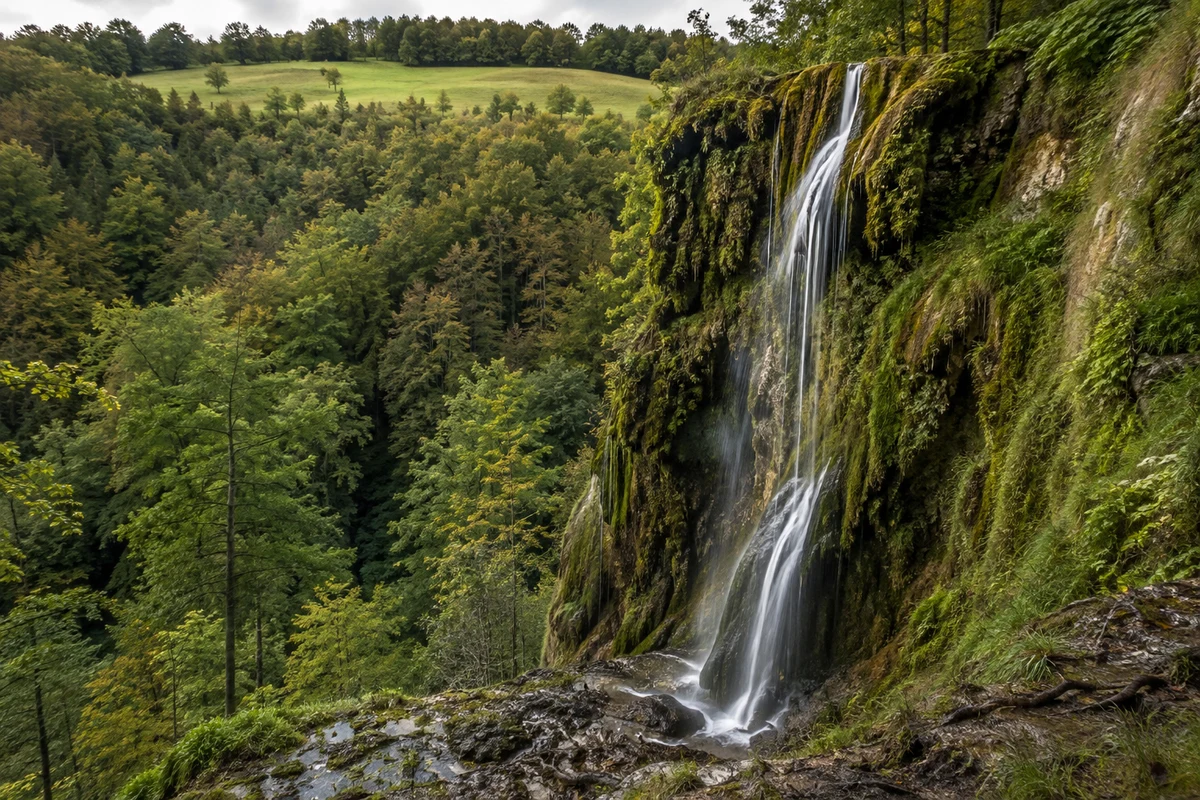 Uracher Wasserfall: Maisental Bad Urach: Uracher Wasserfall: hoher Wasserfall über moosbedeckte Kalktuffstufen im Buchenwald