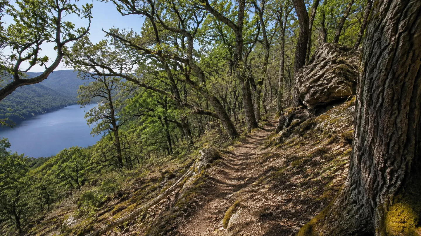 Urwaldsteig Edersee: Urwaldsteig Edersee: schmaler Naturpfad durch knorrigen Eichenwald hoch über dem See