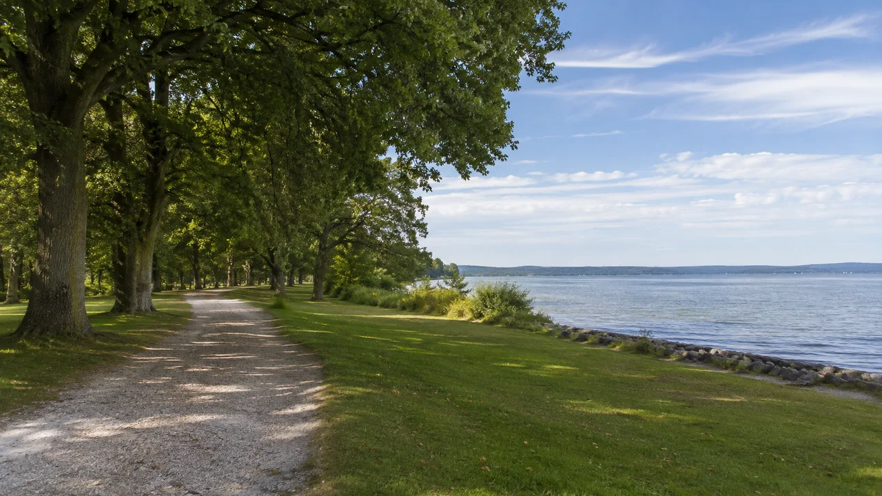 Utting am Ammersee: Utting Bahnhof: Uttinger Uferanlagen: breite Grünfläche unter alten Laubbäumen, Kiesweg und weiter Ammerseeblick
