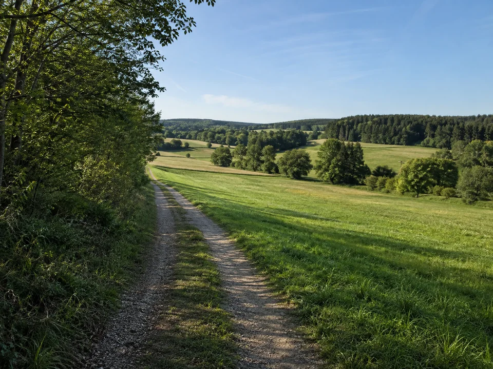 Wiesen bei Münzinghof: Ländlicher Weg bei Münzinghof zwischen grünen Wiesen, Feldflur und dichten Waldsäumen auf welliger Jurahochfläche.