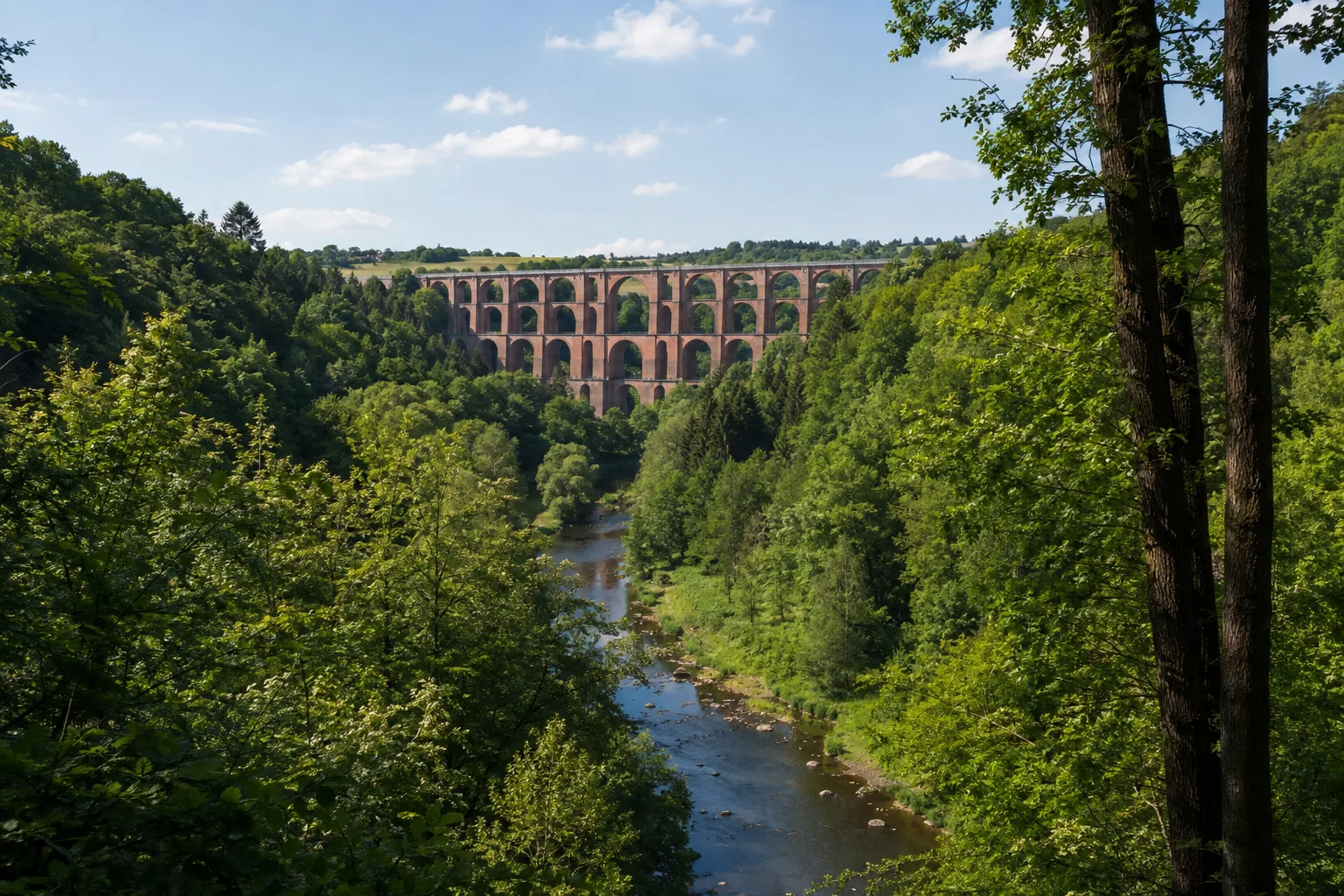 Göltzschtal: bewaldetes Kerbtal mit steinerner Eisenbahnbrücke in der Ferne