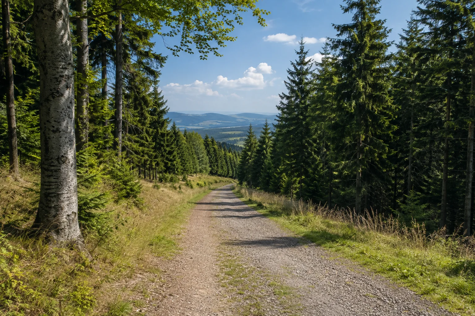 Schönecker Waldhöhe: breiter Waldweg zwischen Fichten und einzelnen Buchen auf einem abgerundeten Hochlandrücken