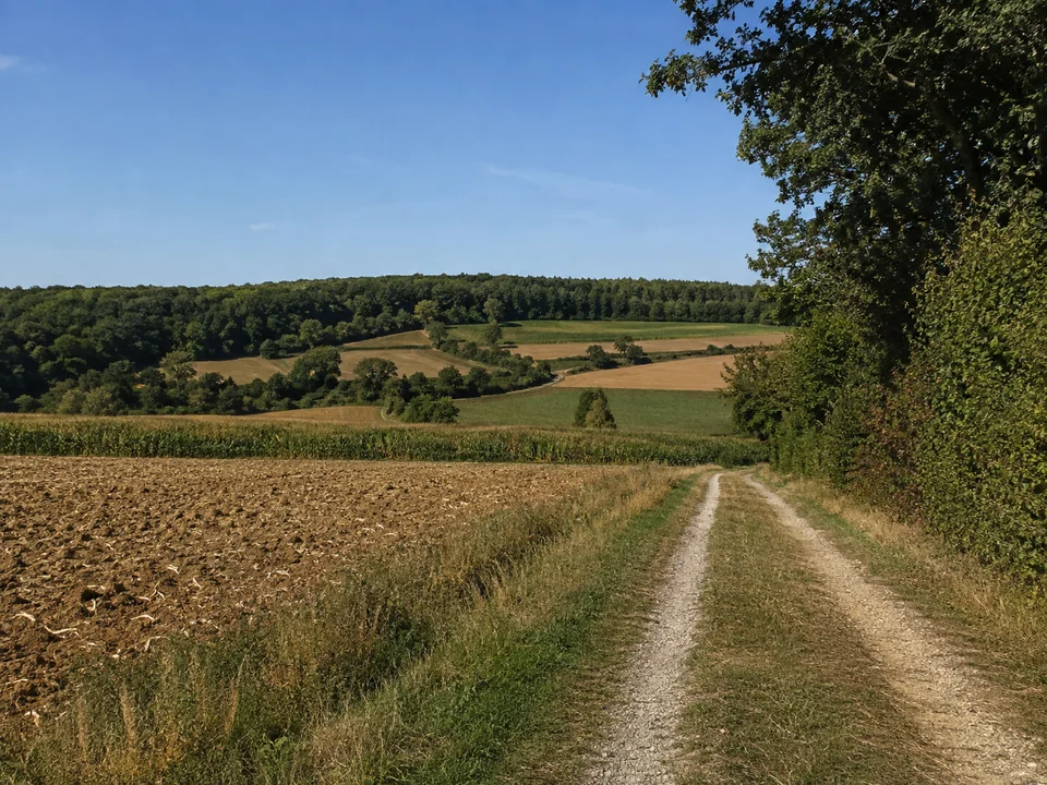 Feldweg bei Gaibach: Leicht wellige Ackerfluren bei Gaibach mit breitem Feldweg, Hecken und fernem Laubwaldsaum