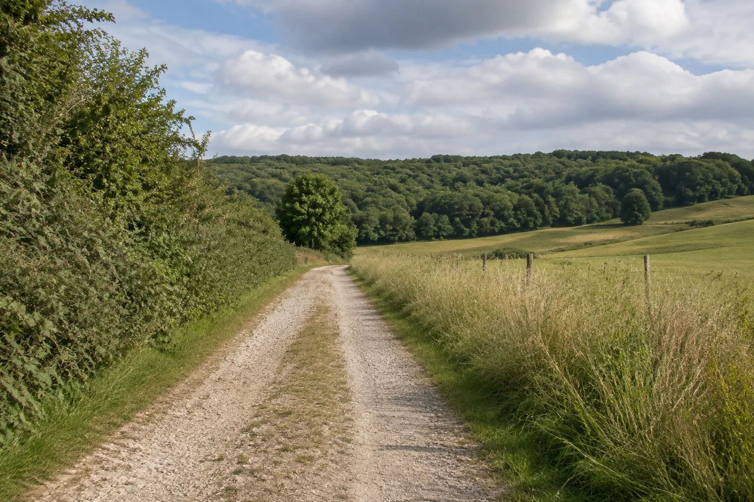 Nunkircher Hügelland: breiter Feldweg zwischen Wiesen und Hecken unter einer niedrigen geschlossenen Waldkulisse.