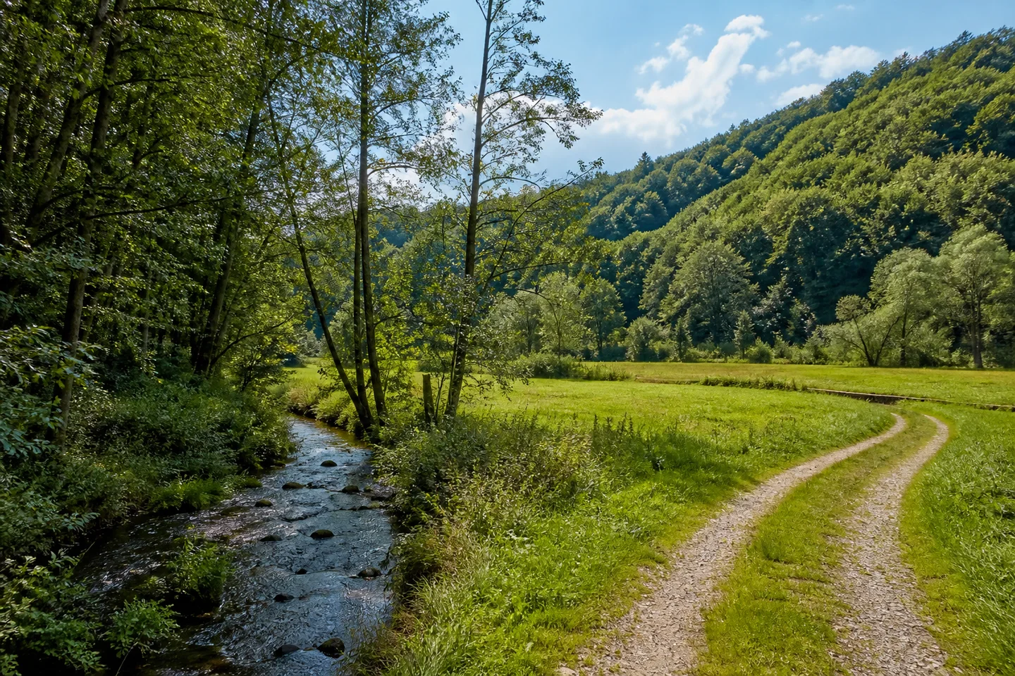 Breite Talwiesen bei Affolterbach im Ulfenbachtal, Bachgehölz, ländlicher Weg und waldbedeckte Hügel ohne Bergpanorama.