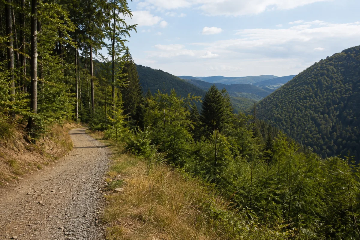 Geschotterter Waldweg oberhalb des Zorgetals, gemischte Buchen und Fichten, gestaffelte sanfte Harzrücken