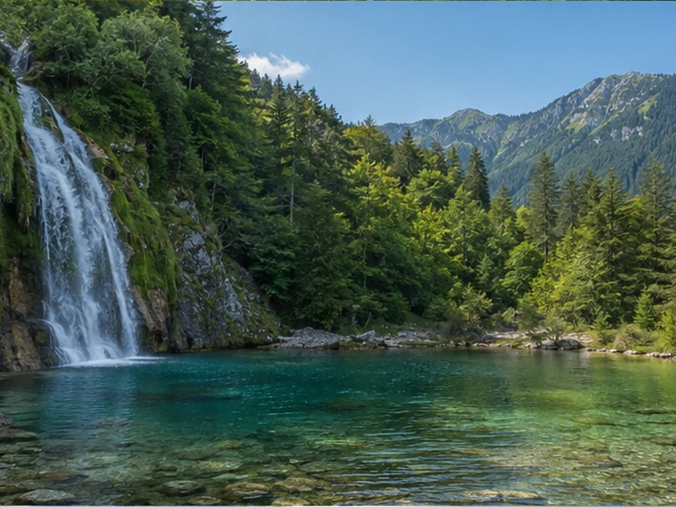Wasserläufer: Wasserfall und Bergsee am Waldsaum