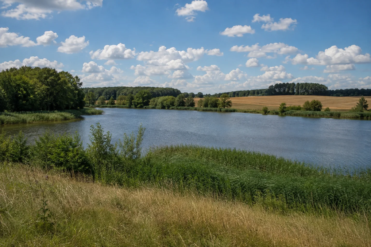 Dörflicher See mit Schilf, Feldern und Waldsäumen.