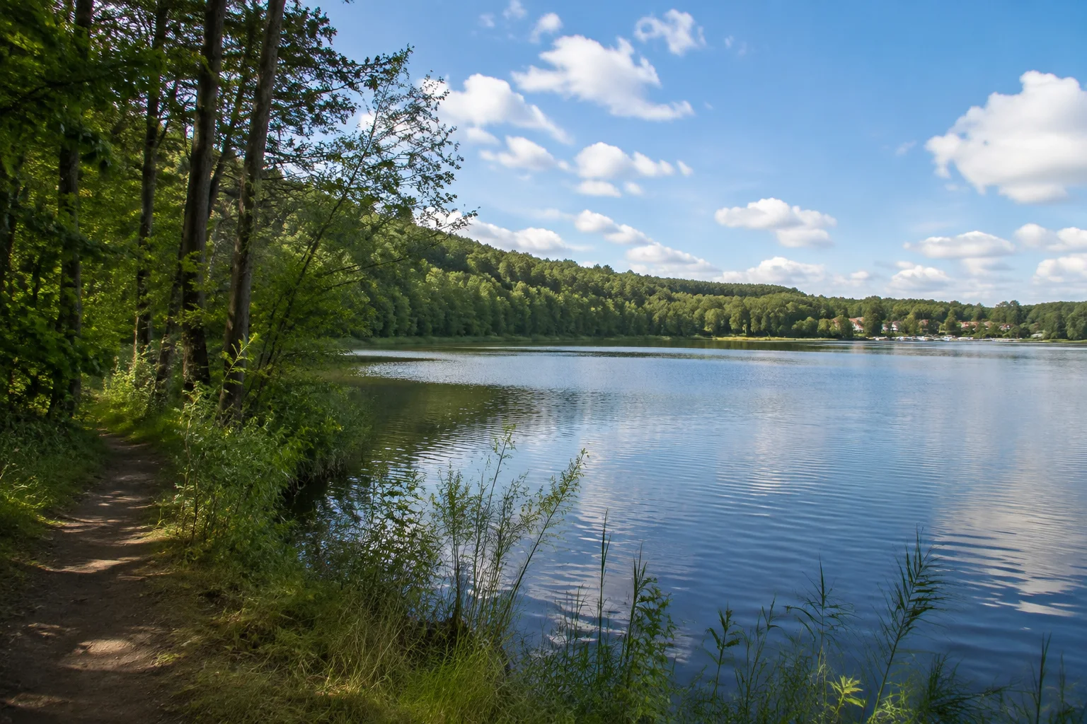 Wandlitz: Wandlitzsee / Bahnhof: Großer See neben Ort und Wald.